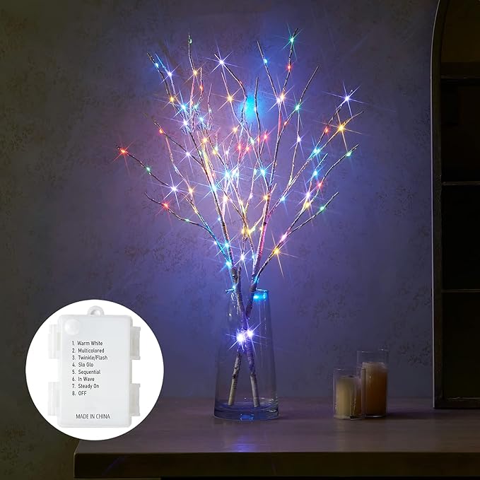 Birchlitland Lighted Birch Branch Battery Operated with 8 Functions 100 LED 32IN Multi Color and Warm White Lights, Artificial Tree Branch with Warm,Fireplace Christmas Holiday Decoration