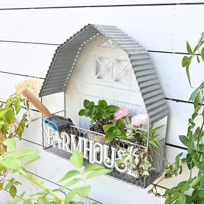 Vintage Rustic Metal Wall Plant Stand Decor Distressed Farmhouse Shaped Wall-Mounted Hanging Planter Holder for Indoor Outdoor Garden Patio Yard