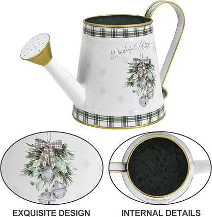 Vintage Metal Christmas Watering Can Decor - Wonderful Winter Days Design with Bell Wreath, Rustic Farmhouse Watering Pot Garden Decorative Planter for Holiday Home Mantel Tabletop Xmas Decor