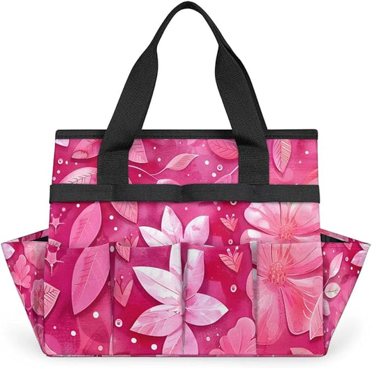 Rose Red flower Gardening Tool Bag,Heavy Duty Garden Tote Bag,Portable Oxford Gardening Storage Basket Organizer Handbag with Pockets Handle,Hand Tools Gifts for Outdoor Garden Lawn