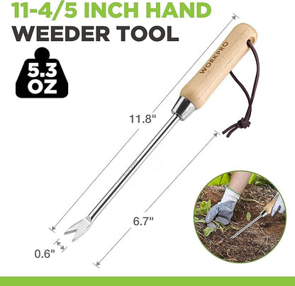 WORKPRO Dandelion Weeder Puller Tool with Wood Handle, Polished Stainless Steel Garden Weed Remover Tool, Two-Pronged Fork Weeder Tool for Lawn Farmland Transplant Gardening Plant Tool