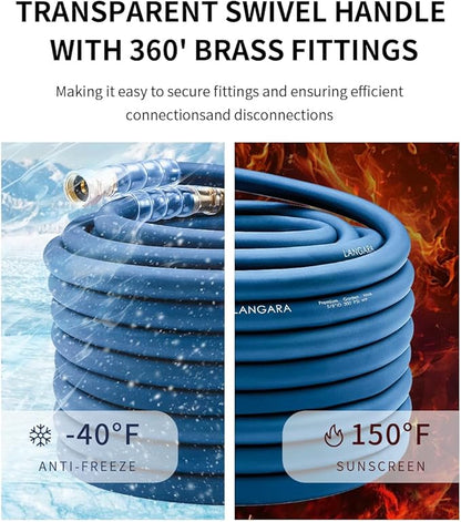 Heavy Duty Premium Garden Hose 125ft x 5/8", 300PSI Working, 1000PSI Burst, Hybrid Rubber Water Hose with Transparent Swivel Handle - Hot/Cold Water - Five Layered Braiding with Brass fittings (Blue)