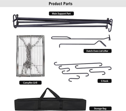 REDCAMP Swing Outdoor Campfire Grill Stand - Collapsible Campfire Cooking Rack with 6 Hooks & Stainless Steel Grill Grate, Portable Dutch Oven Hanger for Camping, Cookware, Bonfire, Rectangle