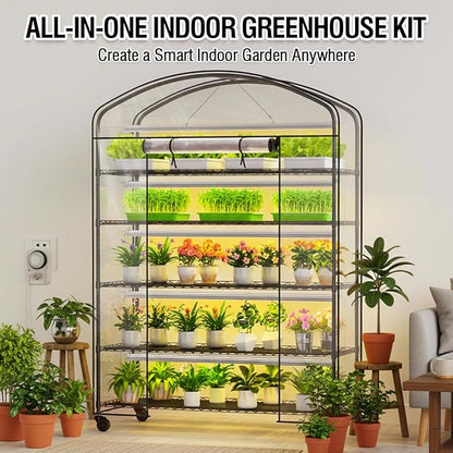 Plant Shelf Indoor Greenhouse with Grow Light & PVC Cover Portable Mini Greenhouse Cabinet with Shelves 5 Tier Metal Plant Stand with Grow Light for Indoor Plants, Seed Starting, 61"x21.6"x79"