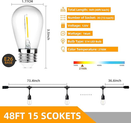 Lakumu Outdoor String Lights 96FT(48×2), Commercial Grade Heavy Duty Patio Lights with Dimmable S14 Shatterproof LED Bulbs, Linkable Waterproof Bistro Lights for Outside Deck Backyard Cafe Market