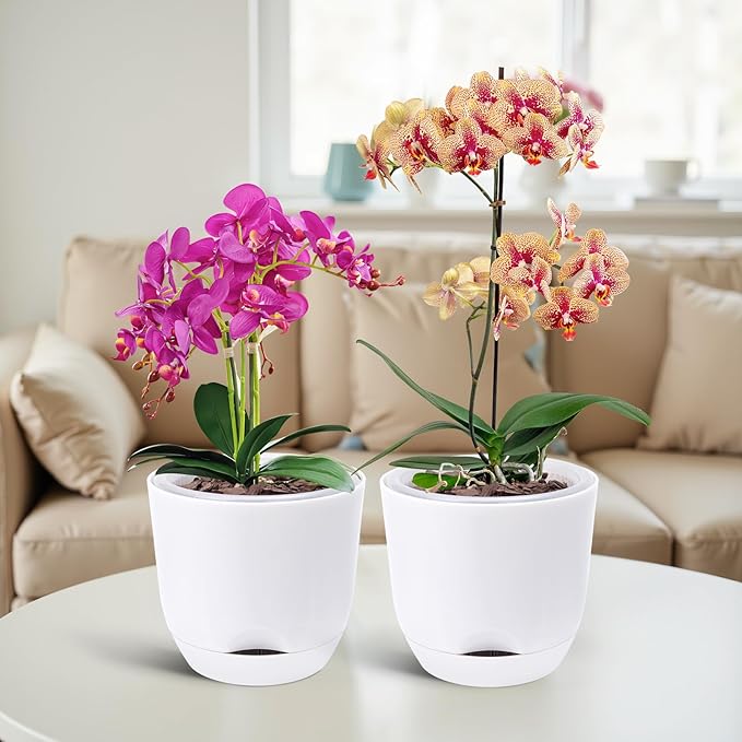 QCQHDU 2 Pack 5.7Inch Orchid Pots with Holes for Repotting, Double-Layer and Self Watering Orchid Pot with Good Air Circulation