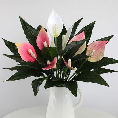 2-Pack Spathiphyllum Artificial Plants, Artificial Anthurium Plant with 3 Blooms Pink Flowers and Green Leaves, Tropical Floral Arrangement for Indoor Outdoor Decoration