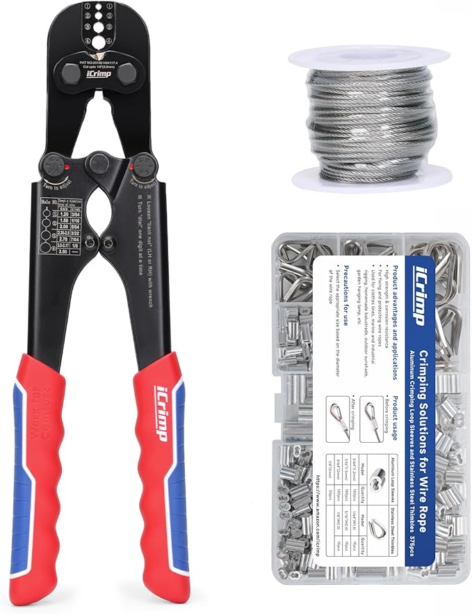 iCrimp Wire Rope Crimping Tool with Build-in Cutter, 3/64-inch to 1/8-inch, Swager Kit Includes 330pcs Loop Sleeve and 45pcs Stainless Steel Thimble and 15m Wire Rope IWS-1608MC