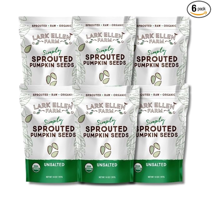 Lark Ellen Farm Sprouted Organic Pumpkin Seeds – Raw, Unsalted, Air-Dried Pepitas for Snacking, Salads, Trail Mix – USDA Organic, Non-GMO, Vegan, Gluten-Free, Resealable Bag (14 oz, 6-Pack)