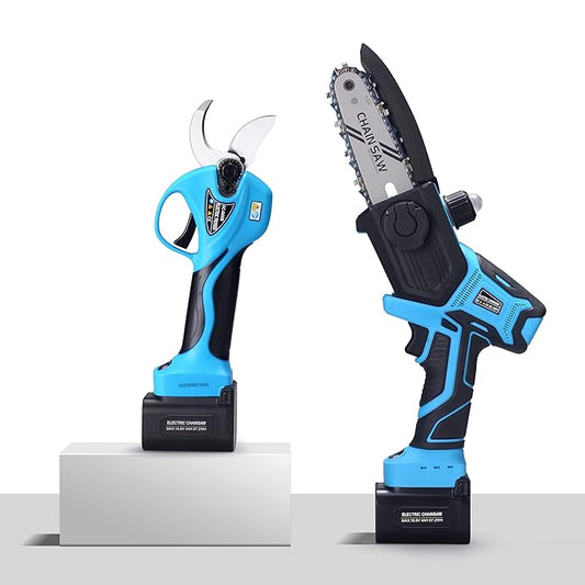 SUCA Electric Pruning Shears Pruning Shears Pruning Shears Tree Pruner Branch Cutter Pruners for Gardening with 2pcs 2Ah Lithium Battery 4-7 Working Hours Tree Branch Pruner (blue28mm+chainsaw)