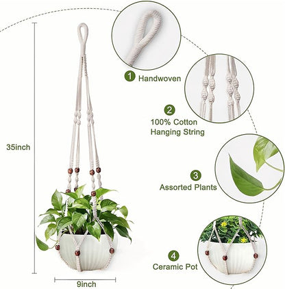 35 Inch Macrame Plant Hanger, Hanging Planter Basket with Wood Beads, Decorative Flower Pot Holder for Indoor Outdoor Boho Home Decor, Set of 2 (Ivory)