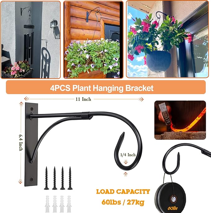 Plant Brackets for Hanging Baskets, 4pcs 11 Inch Iron Wall Mount Plant Hanging Bracket Durable Rust-Resistant Plant Hanger Hook for Hanging Plants Drying Rack Bird Cages Lantern Windchime House Sign