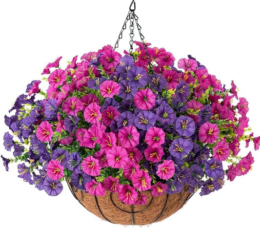Artificial Fake Hanging Flowers Plants Baskets for Outdoors Spring Summer Decoration, UV Resistant Faux Silk Morning Glory in Planter Realistic for Outside Porch Patio Balcony Garden Yard Home Decor