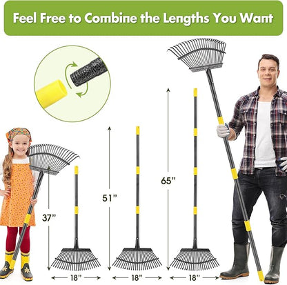 INFLATION Heavy Duty Garden Rake for Leaves for Lawns 65” Length 18” Width Adjustable 25 Tines Sturdy Metal Yard Gardening Leaf Rakes for Women Men with Smooth Comfortable Long Handle