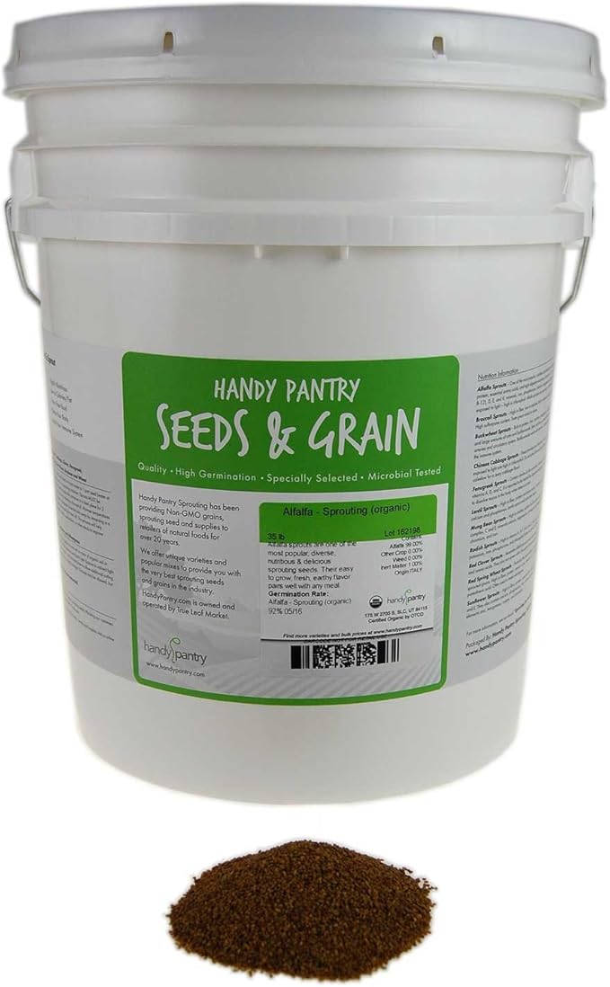 Organic Alfalfa Sprouting Seed- 35 Lbs - Organic - High Sprout Germination- Edible Seeds, Gardening, Hydroponics, Growing Salad Sprouts, Planting, Food Storage & More