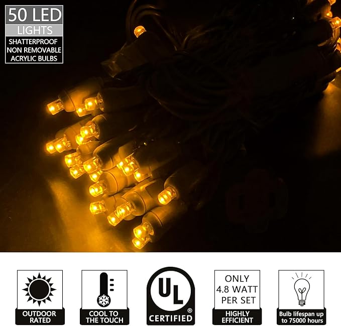 50 Count 5MM Wide Angle Led Christmas Lights Set,Outdoor Led String Lights for Garden Patio Christmas Trees Decoration,17 Feet Green Wire,Orange Color