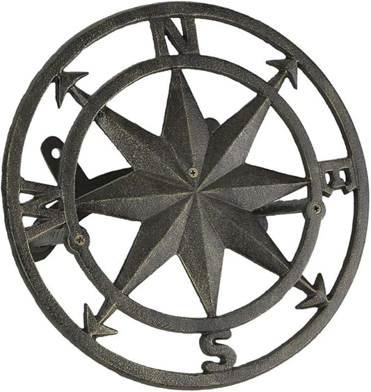 Bronze Finish Cast Iron Nautical Compass Rose Decorative Wall Mounted Garden Hose Hanger - Easy to Install - Coastal Outdoor Hose Holder Decor - 12 Inches in Diameter