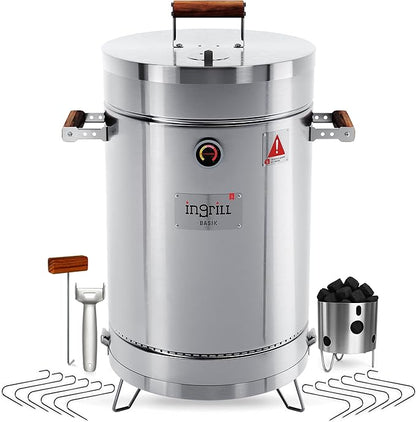 Charcoal Grills - Basic 25 lbs - Stainless Steel Smoker Grill 3-in-1 for Cooking & Home BBQ - Portable Vertical Smoker Barrel for Outdoor & Camping - Meat Grill with Thermometer & Accessories