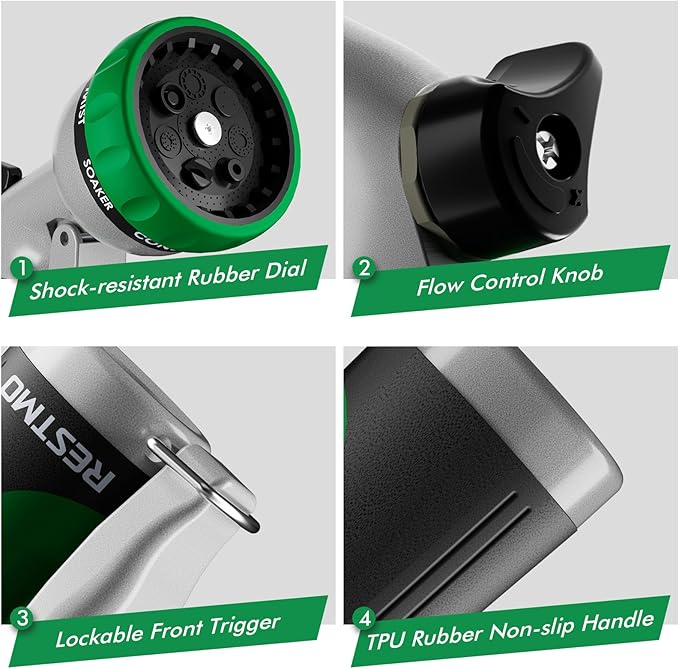 RESTMO Garden Hose Nozzle, Heavy Duty Metal Water Hose Nozzle with 7 Adjustable Spray Patterns, High Pressure Hand Sprayer with Flow Control for Watering Plants & Lawns, Washing Cars & Pets