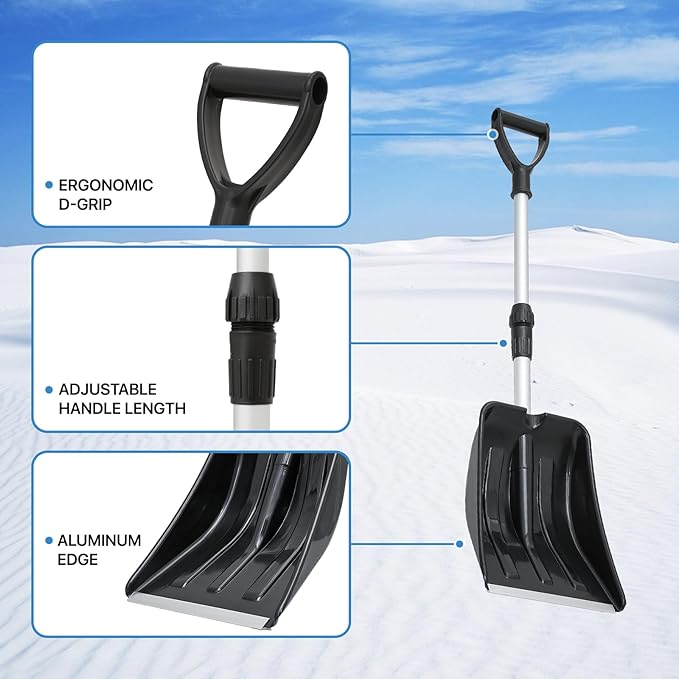 MoNiBloom Extendable Snow Shovel, Light Weight Polypropylene Blade with Aluminum Edge, Multifunctional & Compact Emergency Snow Shovel for Cars, Snowmobiles, Camping and Mud