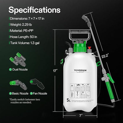 VIVOSUN 1.35 Gal/5L Pump Sprayer, Garden Water Sprayer for Plants, Weeds & Lawn Care, with 3 Nozzles, 50'' Long Hose & Pressure Relief Valve