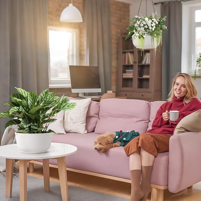 Set of 2 White 11.2 Inch Hanging Planters for Indoor Outdoor Plants, Self Watering Hanging Flower Pots with Drainage Hole & Plug