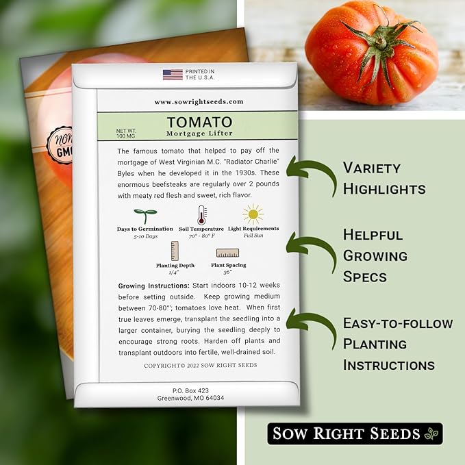 Sow Right Seeds - Mortgage Lifter Tomato Seeds for Planting - Meaty 1 to 2 lb Flavorful Fruits - Non-GMO Heirloom - Instructions to Plant a Home Vegetable Garden - Giant Beefsteak-Type