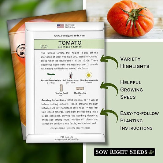 Sow Right Seeds - Mortgage Lifter Tomato Seeds for Planting - Meaty 1 to 2 lb Flavorful Fruits - Non-GMO Heirloom - Instructions to Plant a Home Vegetable Garden - Giant Beefsteak-Type