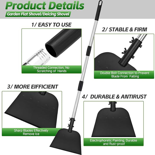 DEMARRE Metal Snow Shovel 54”, Heavy Duty Floor Scraper & Ice Scraper, Flat Shovel for Driveway Sidewalk Garden Deck, Manual Push Plow for Snow Ice & Weed Removal, Back-Friendly Tool for Seniors