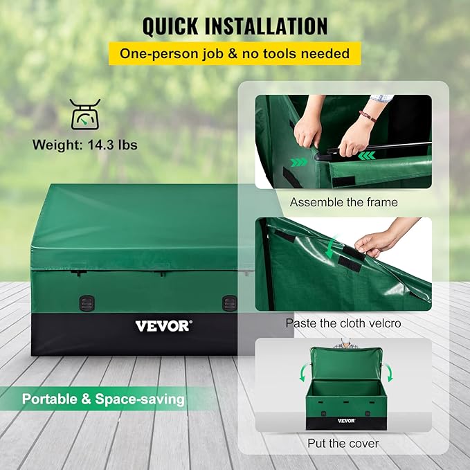 VEVOR Outdoor Storage Box, 150 Gallon Waterproof PE Tarpaulin Deck Box w/Galvanized Frame, All-Weather Protection & Portable, for Camping, Garden, Poolside, and Yard, Black & Green