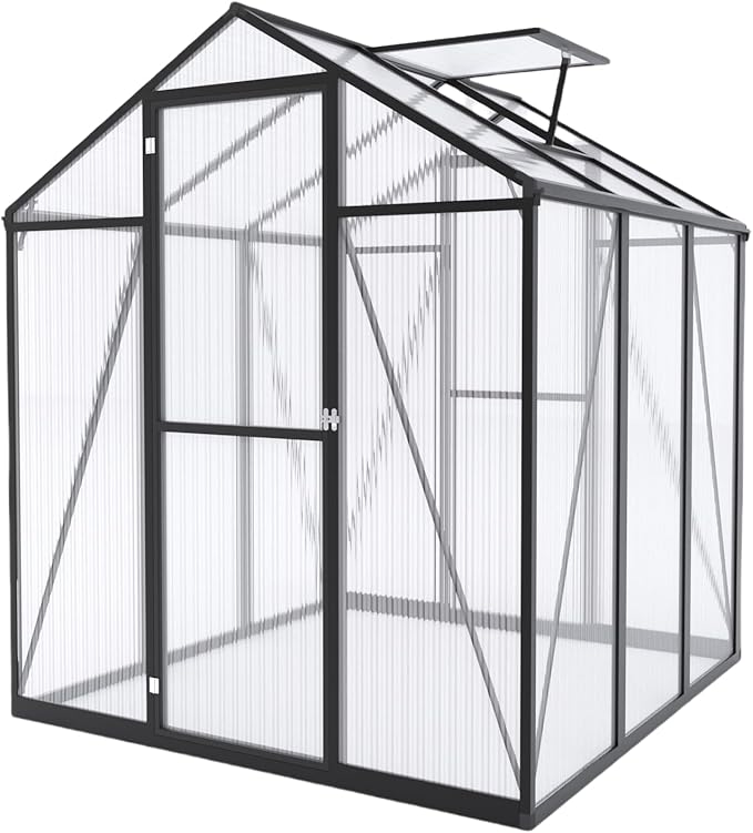 7.2FT High 6*6.2FT Greenhouse for Outdoors,Polycarbonate Greenhouse with Stronger Wind Protection and Roof Vent,Walk-in Large Aluminum Sunroom Winter Proof,Black