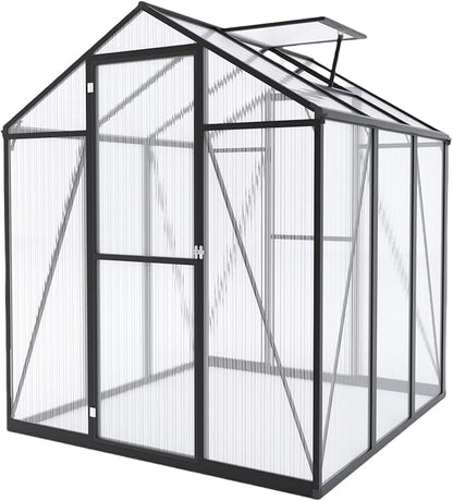 7.2FT High 6*6.2FT Greenhouse for Outdoors,Polycarbonate Greenhouse with Stronger Wind Protection and Roof Vent,Walk-in Large Aluminum Sunroom Winter Proof,Black