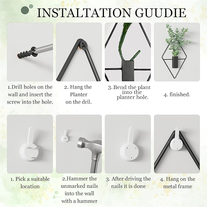 Cute Set of 2 Small Wall Hanging Planters, 10x5 Inch Mini Geometric Wall Vase with Artificial Plants, Compact Boho Farmhouse Decor for Bathroom, Living Room, Bedroom, Office (Black)