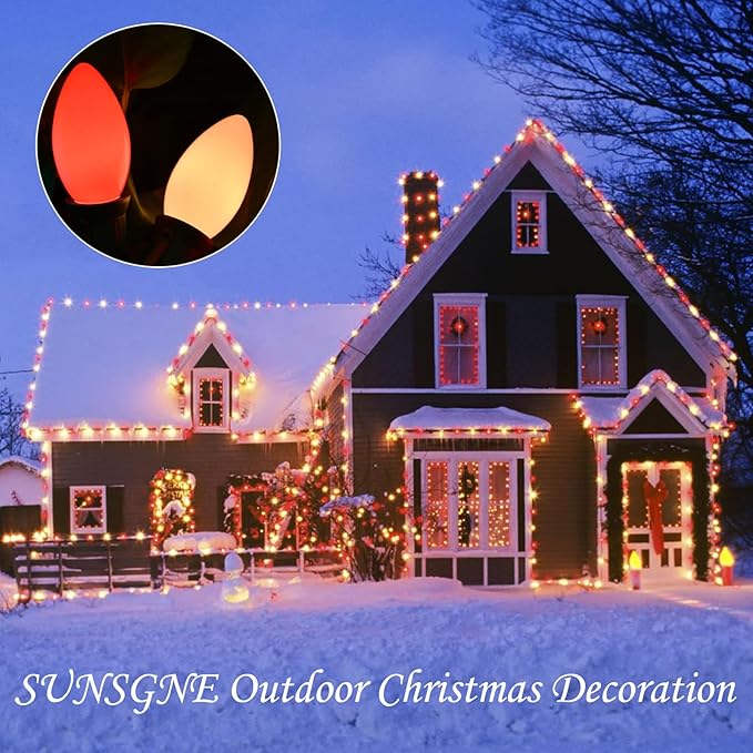 SUNSGNE C9 Christmas Outdoor String Lights 25 Feet Vintage Christmas Tree Lights with 26 7W Red White Glass Bulbs(1 Spare) for Backyard Patio Balcony Xmas Decor, Green Wire