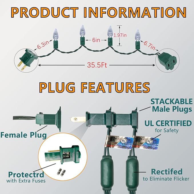 70 Counts C6 Cool White Christmas Lights - 35.5ft Christmas Lights Outdoor, White Christmas Lights Commercial Grade Outdoor Waterproof, Indoor String Lights Green Wire, IP:65, UL