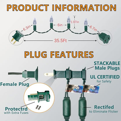 70 Counts C6 Cool White Christmas Lights - 35.5ft Christmas Lights Outdoor, White Christmas Lights Commercial Grade Outdoor Waterproof, Indoor String Lights Green Wire, IP:65, UL