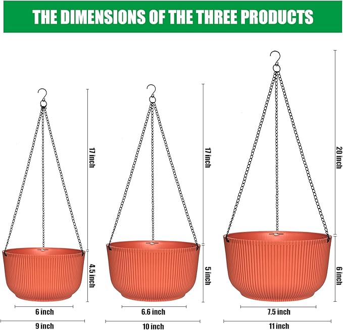 Hanging Planters 9/10/11 Inch for Indoor Plants, 3 Pack Plant Hanger Outdoor with Drainage Holes, Self Watering Hanging Basket Flower Pot for Garden Home Decor, Light Coral