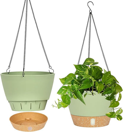QCQHDU 2 Pack 10 Inch Hanging Planters for Indoor Outdoor Plants, Hanging Baskets Flower Pots with Reservoir Tray & Visible Water-Level