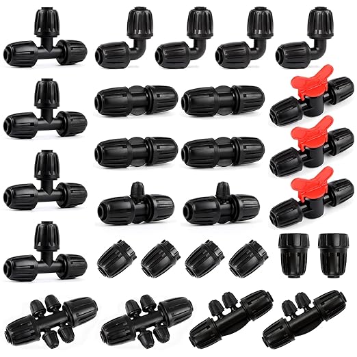 RedChili 27 Pcs 1/2 Inch Irrigation Tubing Fittings Kit, 16mm 1/2" Drip Tubing Barbed Locked Nuts Connectors with 4 Couplings 4 Tee 4 Ends 4 Elbows 3 Switch Valves 6 Reducers 2 Hose Adapters