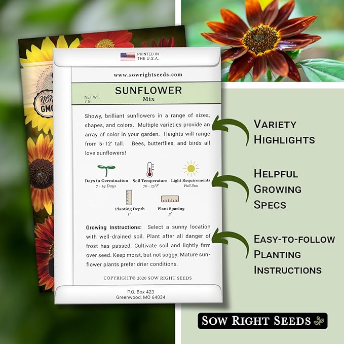 Sow Right Seeds - Mixed Sunflower Seeds for Planting - Non-GMO Heirloom Packet with Instructions - Great Wedding or Party Favor - Grow Giant Sunflowers in an Assortment of Bright, Unique Colors (3)