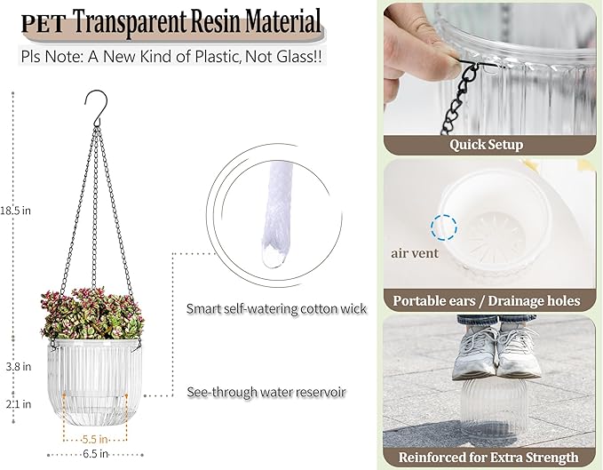 Melphoe 2 Pack Self Watering Hanging Planters Indoor Flower Pots, 6.5 Inch Outdoor Hanging Plant Pot Basket, Plant Hanger with 3Hooks Drainage Holes for Garden Home (Gray + White)