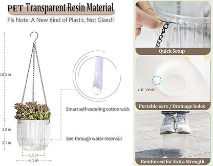 Melphoe 2 Pack Self Watering Hanging Planters Indoor Flower Pots, 6.5 Inch Outdoor Hanging Plant Pot Basket, Plant Hanger with 3Hooks Drainage Holes for Garden Home (Gray + White)