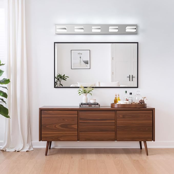 Bathroom Lighting Fixtures Over Mirror, 5 Light Bathroom Vanity Light Fixtures with Cool White 5000K, Silver LED Modern Vanity Wall Lights for Bath, Dressing Room, Restroom, 37.4 inch
