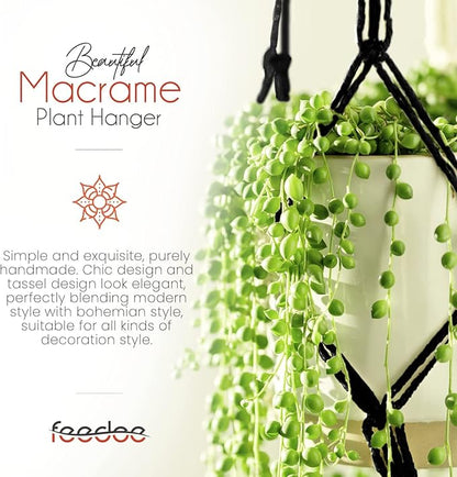 Feedee Macrame Plant Hangers - 6 Pack, Black, Indoor/Outdoor, Cotton