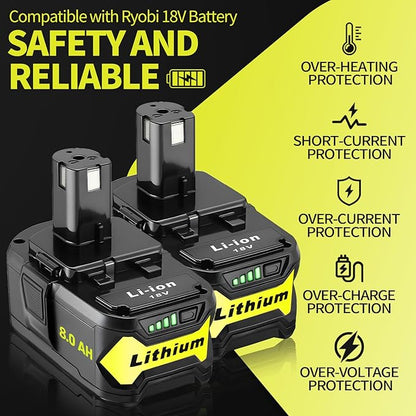 2 Packs 8.0Ah High Capacity Replacement for Ryobi 18v Battery P108 P104 P105 P102 P103 P122 P109 Li-ION Compatible with Ryobi 18V ONE+ System Cordless Power Tools and Charger