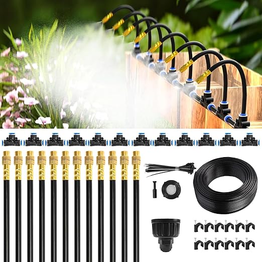 Mixc 50Ft 1/4" Drip Irrigation System,Garden Irrigation Kit with 12pcs 360° Adjustable Copper Nozzles,Automatic Watering System for Outdoor,Raised Bed,Potted Plant,Greenhouse Accessories for Yard