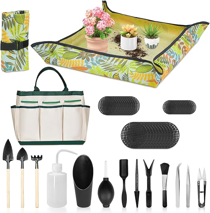 LASZOLA 45 pcs Repotting Set with Potting Mat Tiny Tools for Indoor Plants Succulents, Gardening Bag Kit with Waterproof Tray and Mini Tools, Ideal for Soil Replacement Seedling Transplanting, Yellow
