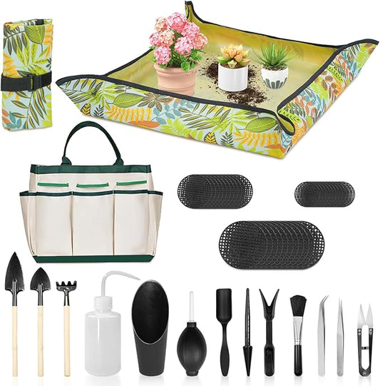 LASZOLA 45 pcs Repotting Set with Potting Mat Tiny Tools for Indoor Plants Succulents, Gardening Bag Kit with Waterproof Tray and Mini Tools, Ideal for Soil Replacement Seedling Transplanting, Yellow