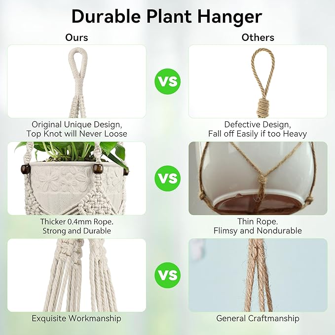 USLAI Macrame Plant Hanger for Indoor Outdoor, Up to 3-6.5 inch Pot, Hanging Planter Flower Pot Holder with Beads and Tassels, Boho Home Decor, 2-Pack, Ivory