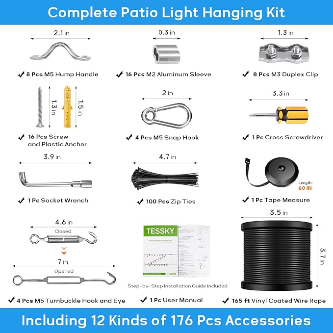 String Light Hanging Kit with 200FT Vinyl Coated Stainless Steel 304 Wire Rope Suspension Kit Included Enough Accessories with Turnbuckles and Hooks for Patio, Garden and Wedding Lighting